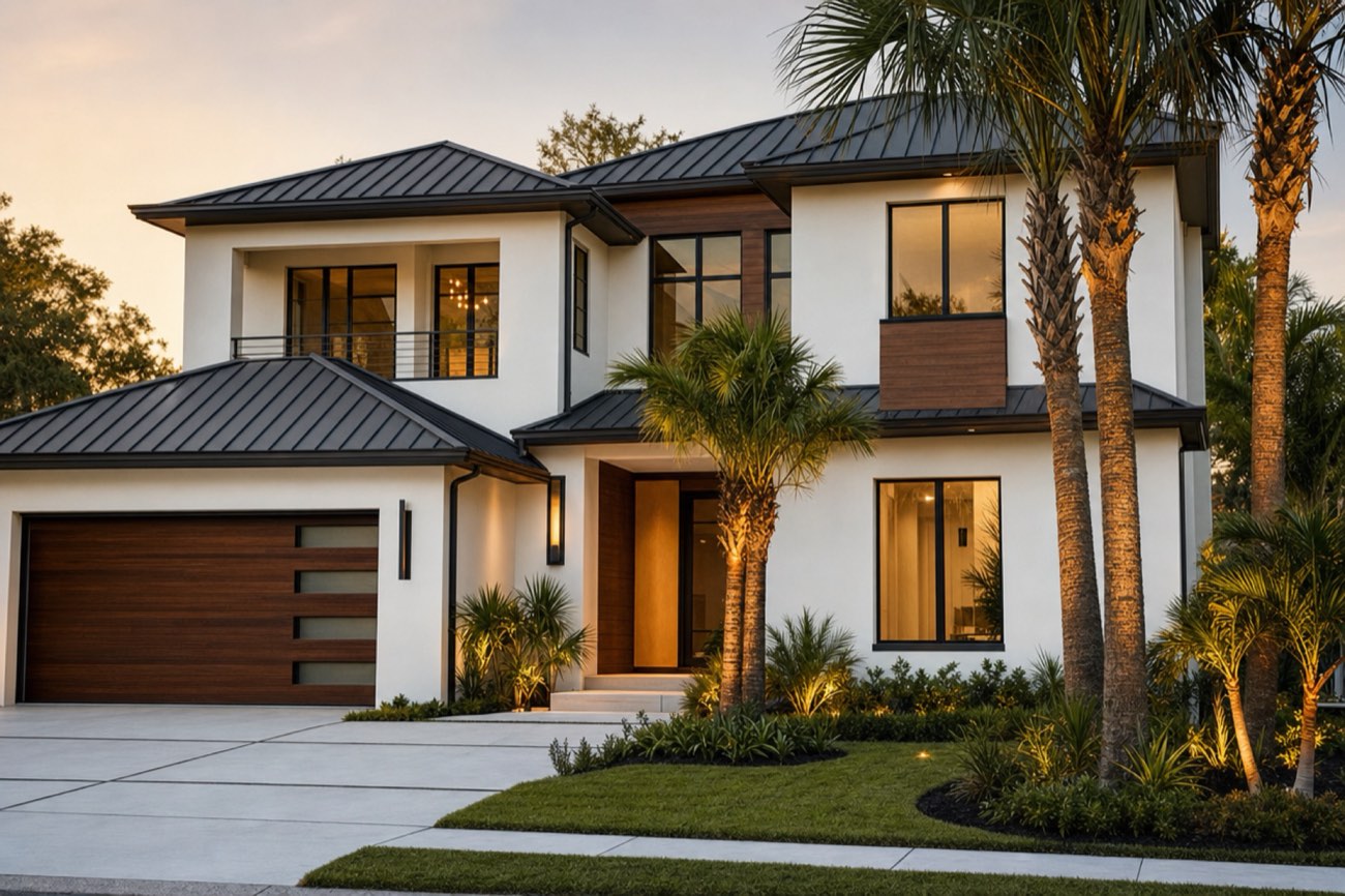 Modern Tampa home with a black standing seam metal roof