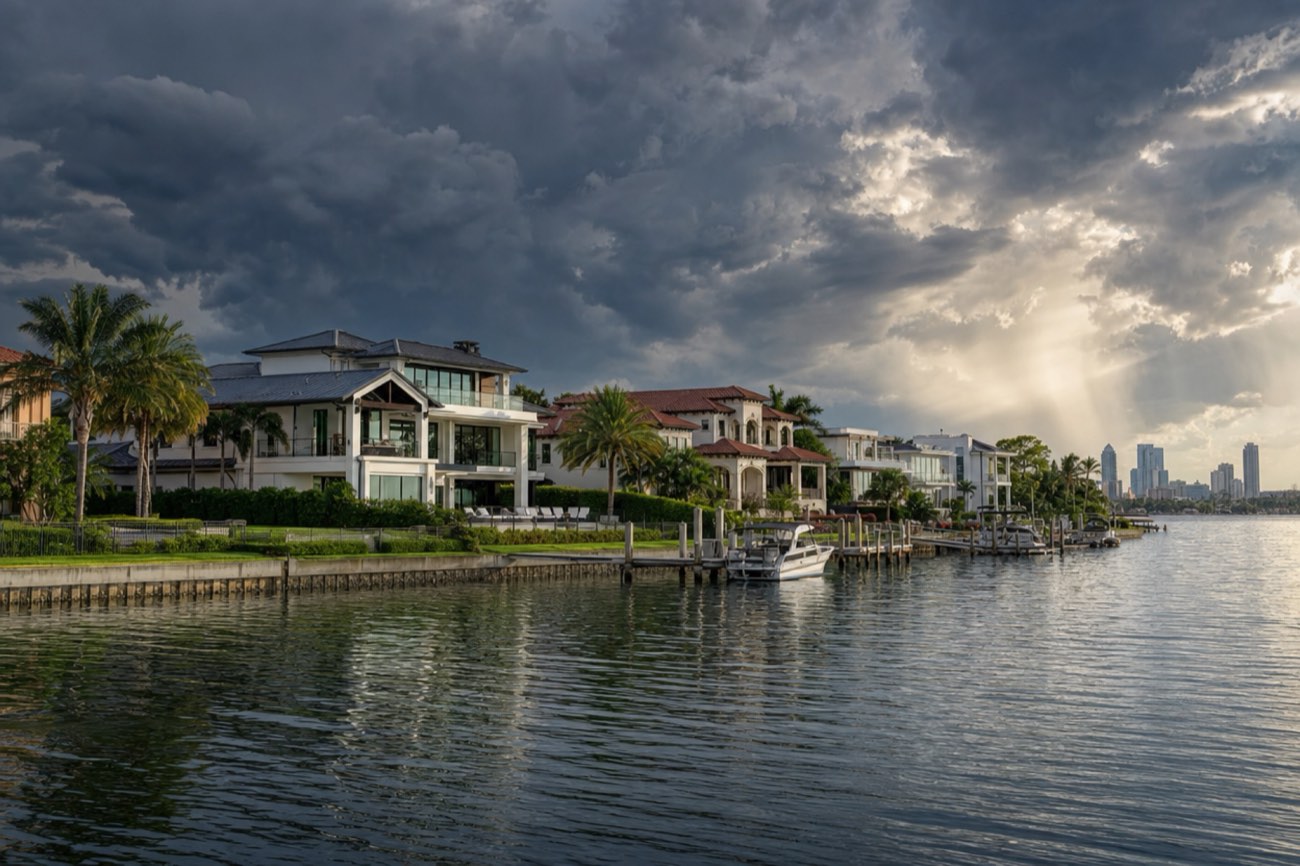 Waterfront homes with metal roofs on Davis Islands as a storm builds over Tampa Bay