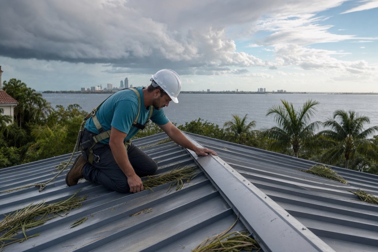 A roofer in a safety harness inspecting a metal roof ridge cap after a storm, Tampa Bay behind